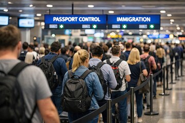 Passengers queuing at airport passport control and immigration desks