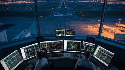 Controllers at an airport control room overlooking the runway at dusk