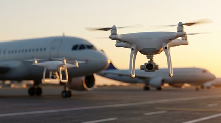 Surveillance drone flying over an airport apron at sunset
