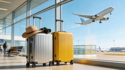 Passenger luggage in an airport terminal with an aircraft departing beyond the window