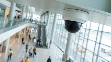 Dome CCTV camera overlooking an airport terminal concourse